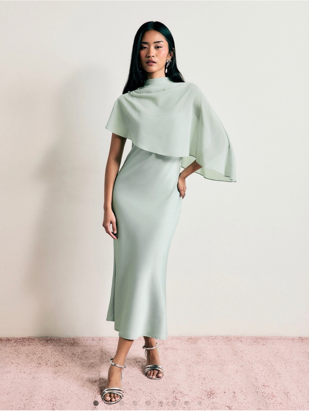 Elegant Sage Green One-Shoulder Cape Midi Dress Brand New with tag